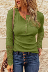 Women's Crochet Lace Hem Sleeve Button Casual Top
