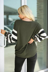 V Neck Lantern Sleeve Stripe Splice Long Sleeve Top