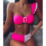 Heart Chain Printed Ruffle One Shoulder Bikinis Set