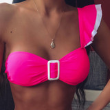 Heart Chain Printed Ruffle One Shoulder Bikinis Set