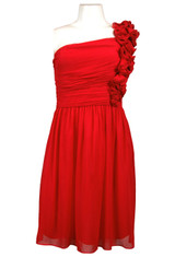 One Shoulder Ruched Chiffon Dress with Rosettes