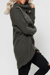 Turtleneck Button Front Slit High Low Hem Sweater