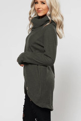 Turtleneck Button Front Slit High Low Hem Sweater