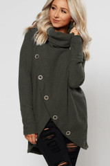 Turtleneck Button Front Slit High Low Hem Sweater