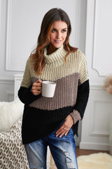Cowl Neck Color block Cable Knit Sweater