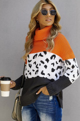 Color Block Turtleneck Splicing Chunky Knit Pullover Sweater
