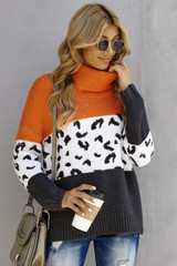 Color Block Turtleneck Splicing Chunky Knit Pullover Sweater