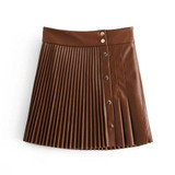 Women Spring PU Leather Pleated Skirt