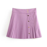 Women Spring PU Leather Pleated Skirt