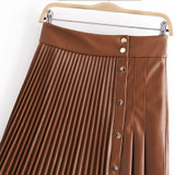 Women Spring PU Leather Pleated Skirt