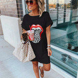 Leopard Lip Printed Short Sleeve Women T-shirt Dress