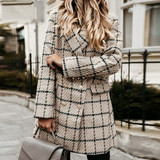 Plaid Women Tweed Jacket Long Sleeve Button Outerwear