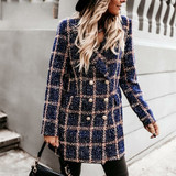 Plaid Women Tweed Jacket Long Sleeve Button Outerwear