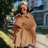 Turn Down Collar Wool Jacket Long Sleeve Khaki With Sashes