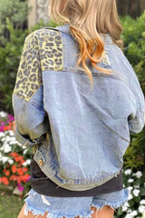Leopard Splicing Cropped Denim Jacket with Pocket