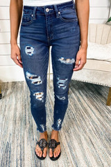 Women's Dark Leopard Patch Distressed Skinny Fashion Jeans
