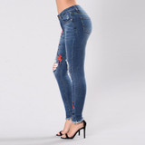 Embroidered high-elastic denim women's trousers