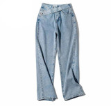 Women's Fake Belt Jeans Buttons straight Pants High Street Denim Loose