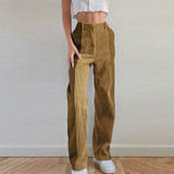 Pocket Rib Women Patchwork Button Straight Corduroy Trousers