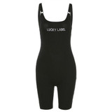 Sexy Blackless Romper Women Sleeveless Low-neck Letter Print Playsuit