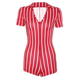 Women Sexy Short Playsuit Red White Striped Short Sleeve Rompers