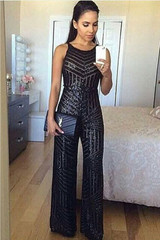Geometric Stripe Sequin Sleeveless Wide Leg Jumpsuit