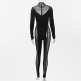 Mesh Patchwork See Through Long Sleeve Rompers One Piece