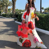 Off Shoulder Floral Printed Ruffle Beach Long Dress