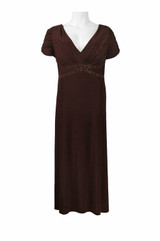 V-Neck Short Sleeve Embellished Waist Ruched Zipper Back Jersey