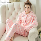 JULY'S SONG Winter Pajamas Set Women Sleepwear Warm Flannel Long Sleeves Pajamas Pink Cute  Animal Homewear Thick Home Suit