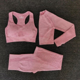 3pcs Women Seamless Yoga Set Fitness Sports Suits GYM Cloth Long Sleeve Shirts High Waist Running Leggings Workout Clothing Wear