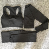 3pcs Women Seamless Yoga Set Fitness Sports Suits GYM Cloth Long Sleeve Shirts High Waist Running Leggings Workout Clothing Wear