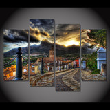Canvas Painting 4 Piece Art Townlet Street Mountain HD Printed Home Decor Wall Art Poster Picture Living Room