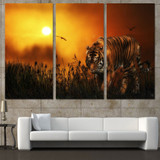 3 Panels Canvas Art Tiger Hunting Land Sunset Home Decor Wall Art Painting Canvas Prints Pictures Living Room Poster