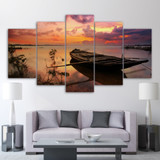 5 Piece Canvas Art Sunset Boat Silence Lake Canvas Painting Wall Decor Poster And Picture Living Room