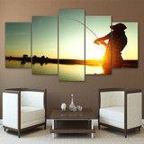 HD Printed 5 Piece Canvas Sunset Lake Fishing Painting Poster Wall Pictures Living Room Modern