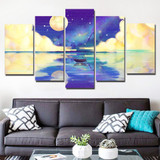 HD Print 5 Piece Canvas Art Moon Rising Above Sea Wall Pictures Living Room Poster