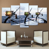 HD Printed 5 Pieces Canvas Fishing Rod At Sea Painting Wall Art Canvas Pictures Living Room Bedroom