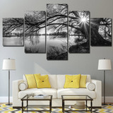 HD Printed Black White Painting Tree River Canvas Wall Art 5 Piece Painting For Living Room