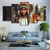 HD Printed 5 Piece Canvas Art Native American Indian Girl Feather Painting Wall Pictures