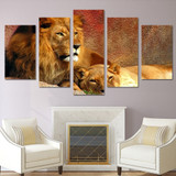 Decor Printed Pictures Painting Wall Art Modular 5 Panel Grassland Lions Modern Canvas Living Room HD