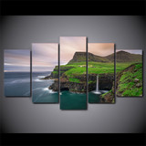 Canvas HD Print Poster Wall Art 5 Pieces Faroe Islands Gasadalur Waterfall Painting Home Decor Modular Natural Seascape Pictures