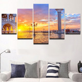 Printed Modern HD Paintings 5 Panel Sunrise Building Landscape Tableau Wall Art Modular Pictures Canvas