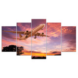 5 Pieces Canvas Wall Art Airplane on Sunset View HD Painting Printed Poster