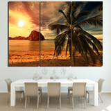 HD Printed Pictures Canvas Wall Art 3 Pieces Sunset Tropical Island Beach Coconut Trees Posters