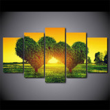 Canvas Painting  Modular Pictures 5 Pieces Green Loving Heart Tree In Sunset Landscape Poster HD Prints Wall Art