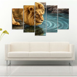 Printed Canvas HD Modern Wall Art 5 Panel Animal Lion Lake Water Pictures Poster Painting