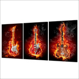 Modern HD Printed Wall Art Canvas Picture 3 Pieces Fire Musical Instrument Guitar Burning Flame Painting Poster