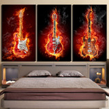Modern HD Printed Wall Art Canvas Picture 3 Pieces Fire Musical Instrument Guitar Burning Flame Painting Poster