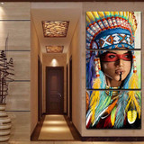 Canvas Poster Modern Pictures HD Printed Wall Art 3 Pieces Native American Feathered Girl Painting Photo